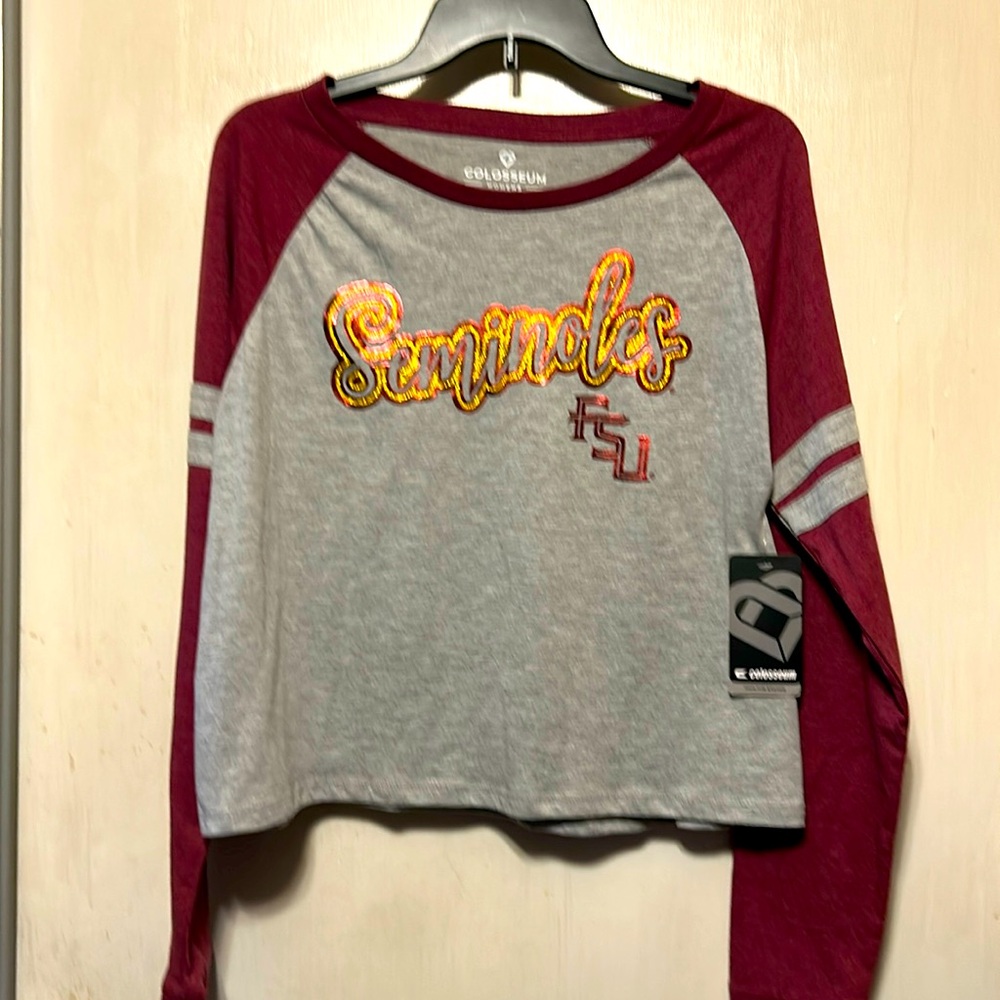 NWT Colosseum Women's Heather Gray FSU Long Sleeve Cropped T-Shirt.  Large